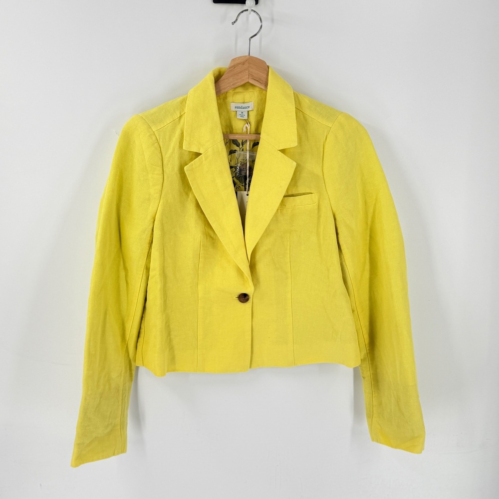 Sundance Blazer Yellow Medium Cotton Linen Floral Lining Cropped Single Button - Picture 9 of 9